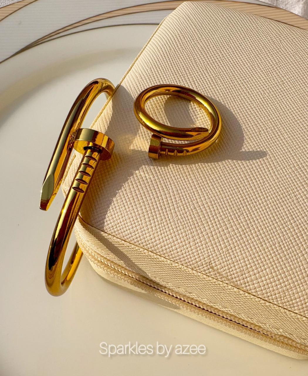 Set of Nail Bracelet and Nail Ring - (18K Gold Plated)